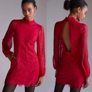 Anthropologie NWT Maeve Red Lace Long Sleeve Open Back Mini Dress Size 8